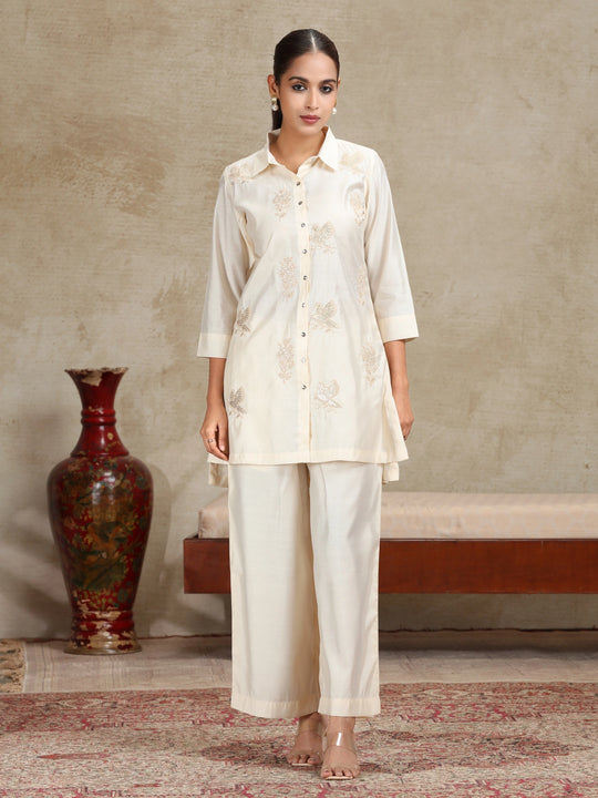 Cream Floral Embroidered Straight Co-ord Set