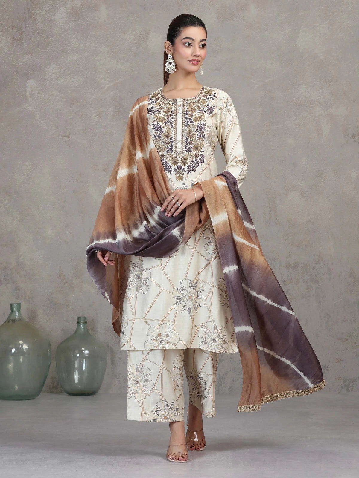 Cream Floral Embroidered Straight Ethnic Set