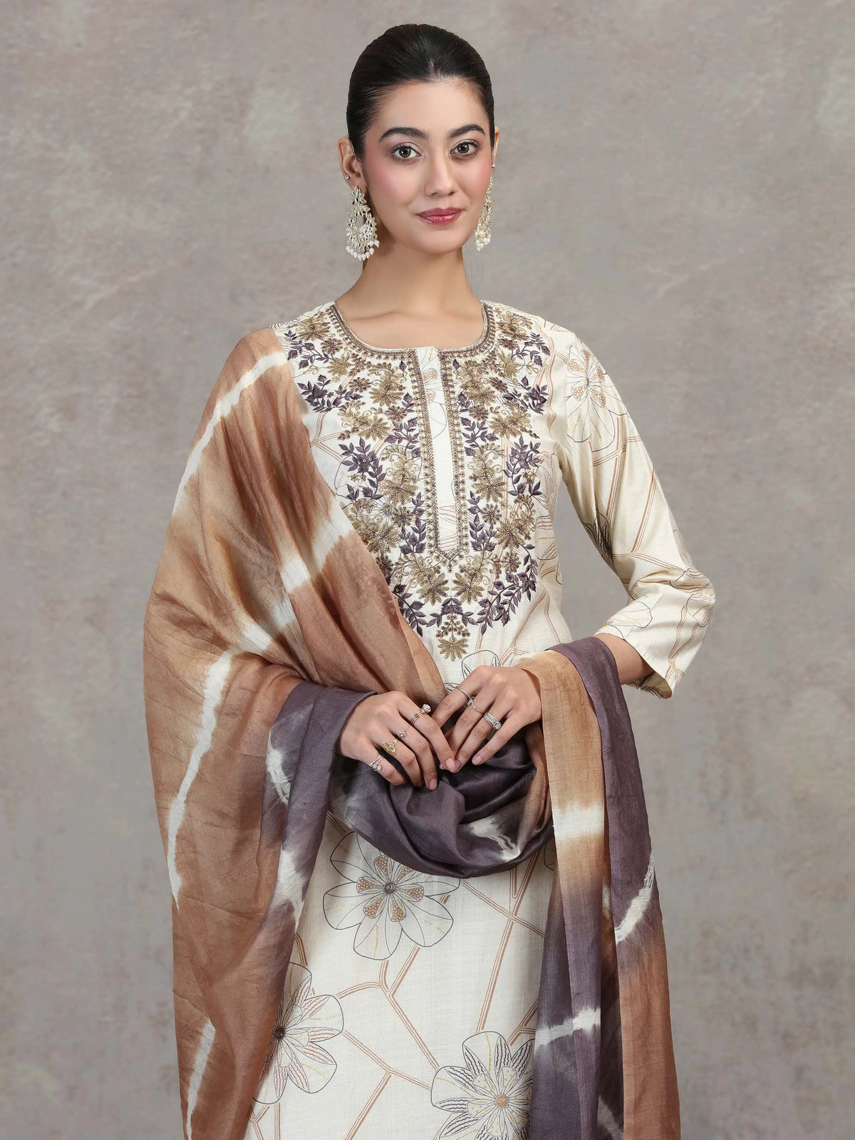 Cream Floral Embroidered Straight Ethnic Set