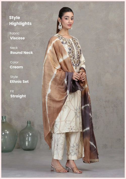 Cream Floral Embroidered Straight Ethnic Set