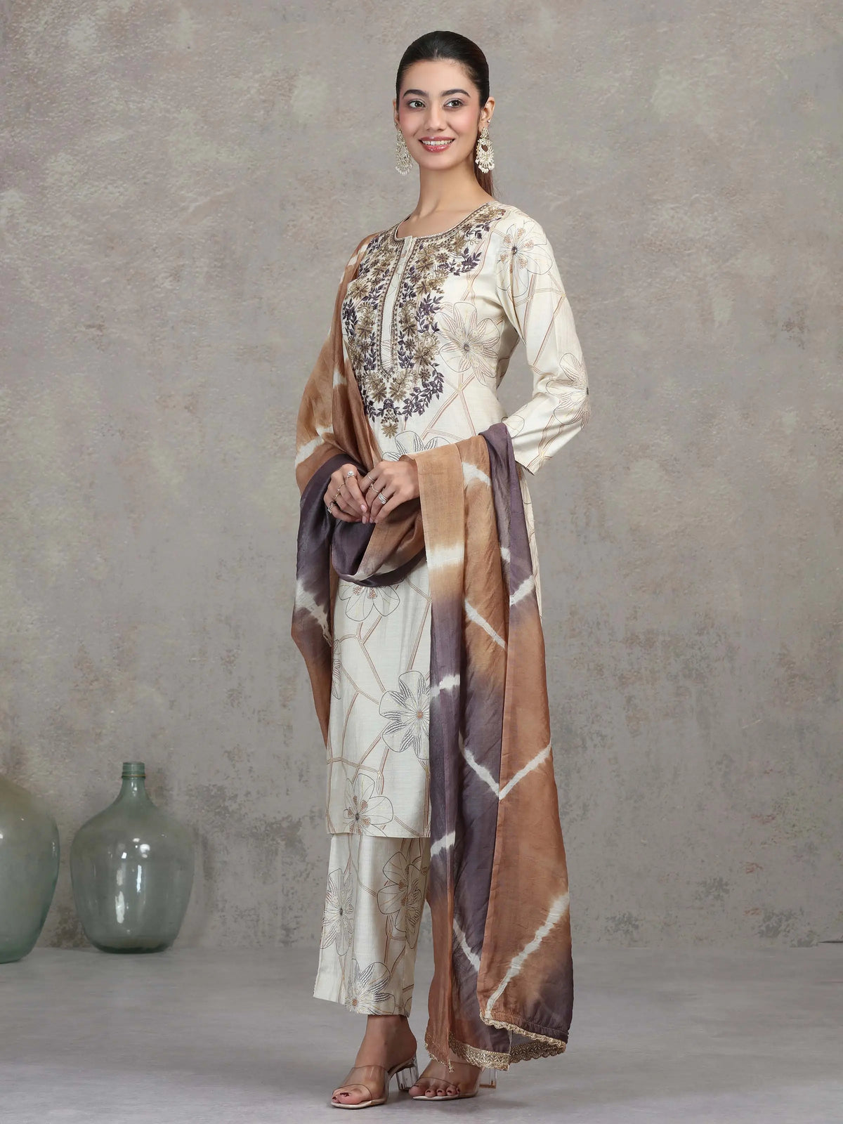 Cream Floral Embroidered Straight Ethnic Set