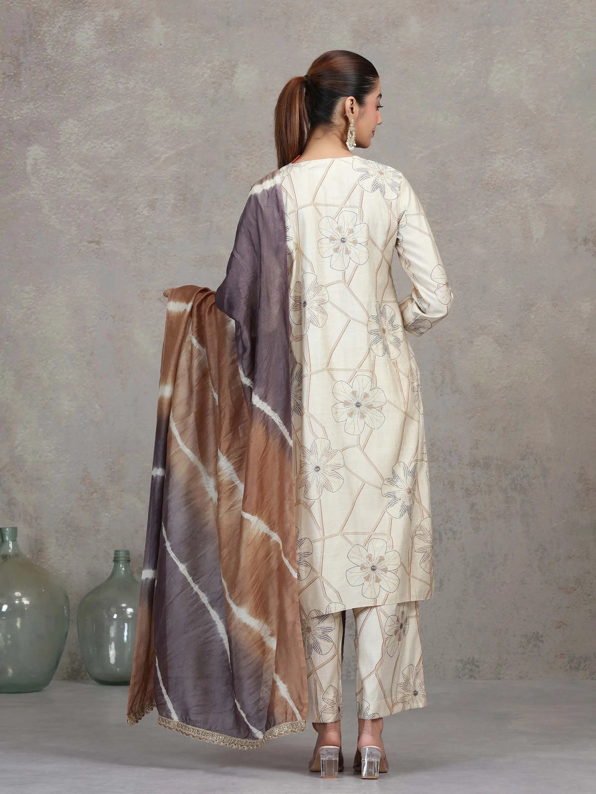 Cream Floral Embroidered Straight Ethnic Set