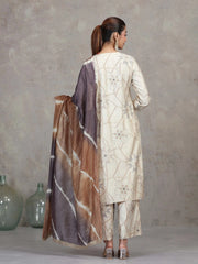 Cream Floral Embroidered Straight Ethnic Set