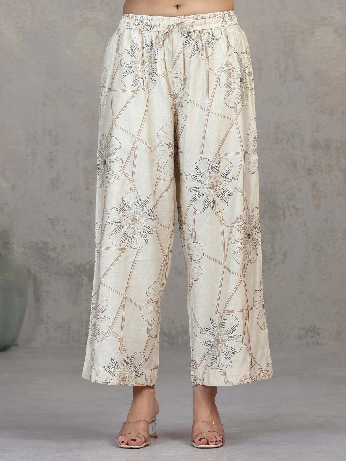 Cream Floral Embroidered Straight Ethnic Set