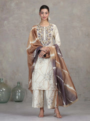 Cream Floral Embroidered Straight Ethnic Set
