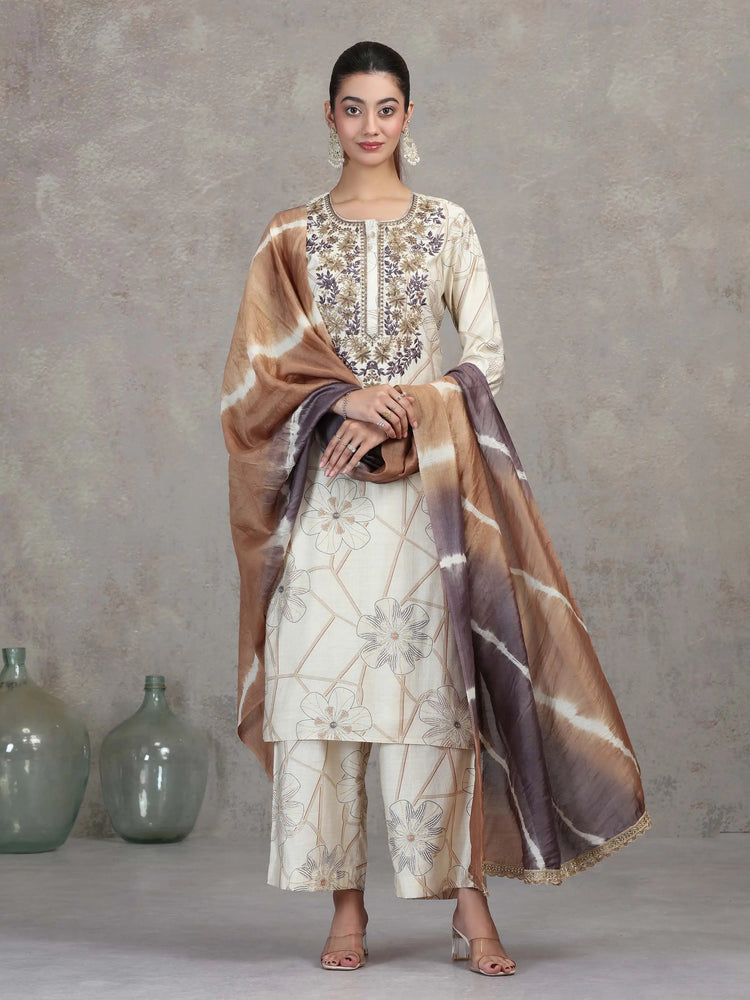 Cream Floral Embroidered Straight Ethnic Set