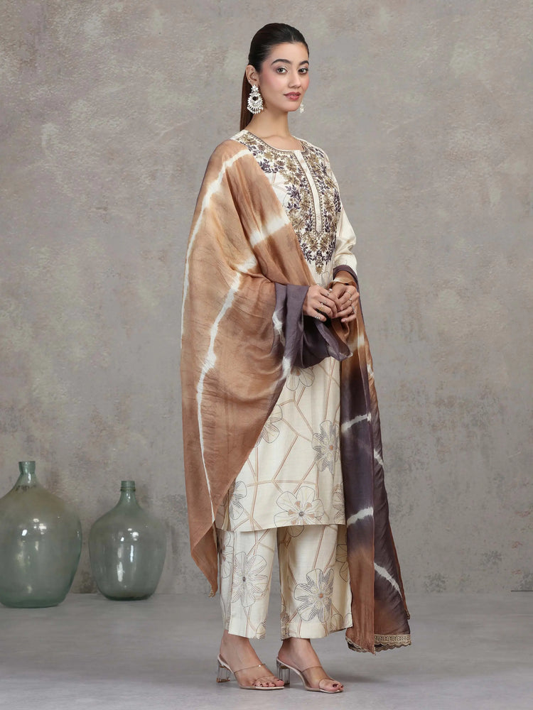 Cream Floral Embroidered Straight Ethnic Set