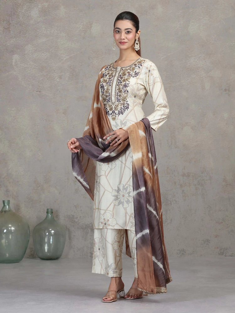 Cream Floral Embroidered Straight Ethnic Set