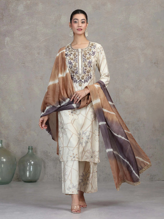 Cream Floral Embroidered Straight Ethnic Set