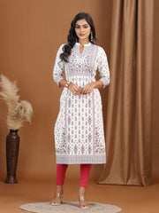 Cream Floral Printed Cotton Straight Kurta