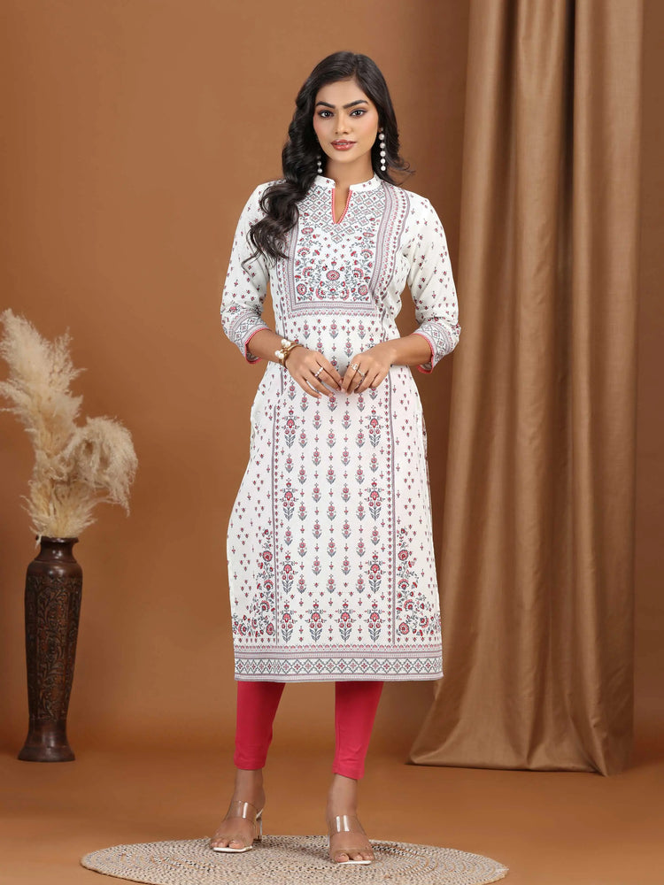 Cream Floral Printed Cotton Straight Kurta
