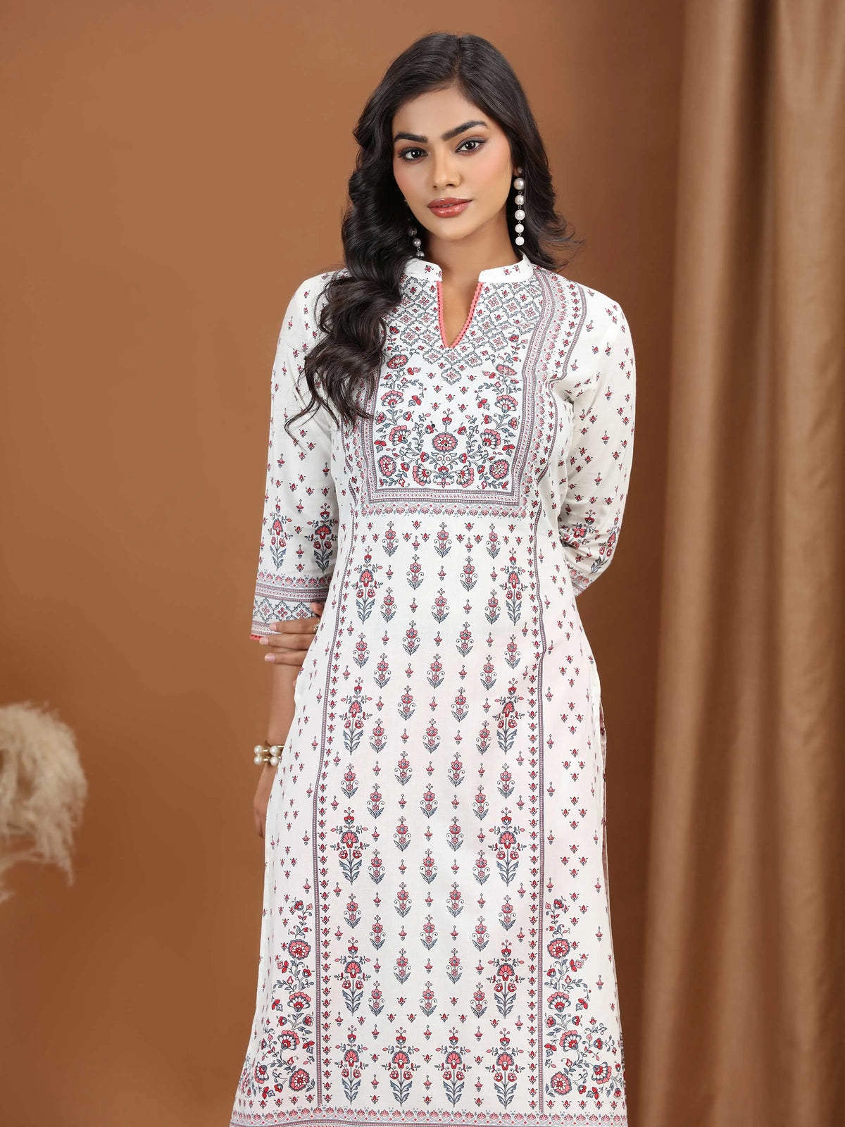 Cream Floral Printed Cotton Straight Kurta