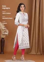 Cream Floral Printed Cotton Straight Kurta
