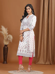 Cream Floral Printed Cotton Straight Kurta