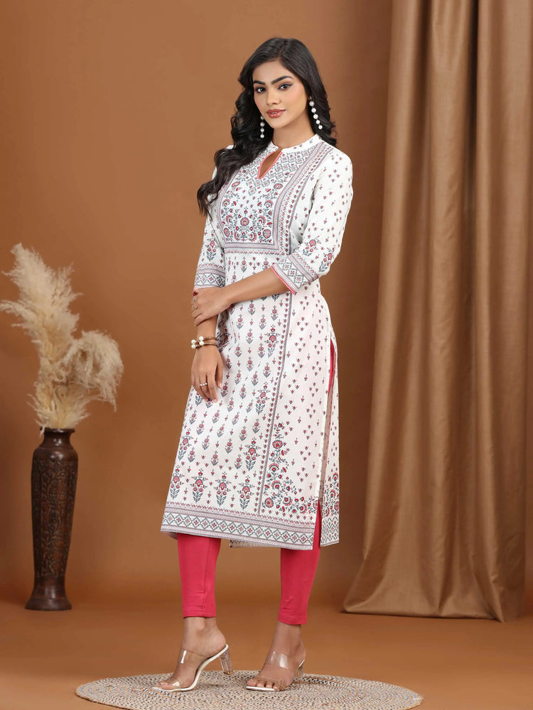 Cream Floral Printed Cotton Straight Kurta