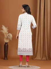 Cream Floral Printed Cotton Straight Kurta
