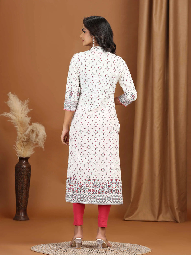 Cream Floral Printed Cotton Straight Kurta