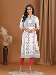 Cream Floral Printed Cotton Straight Kurta