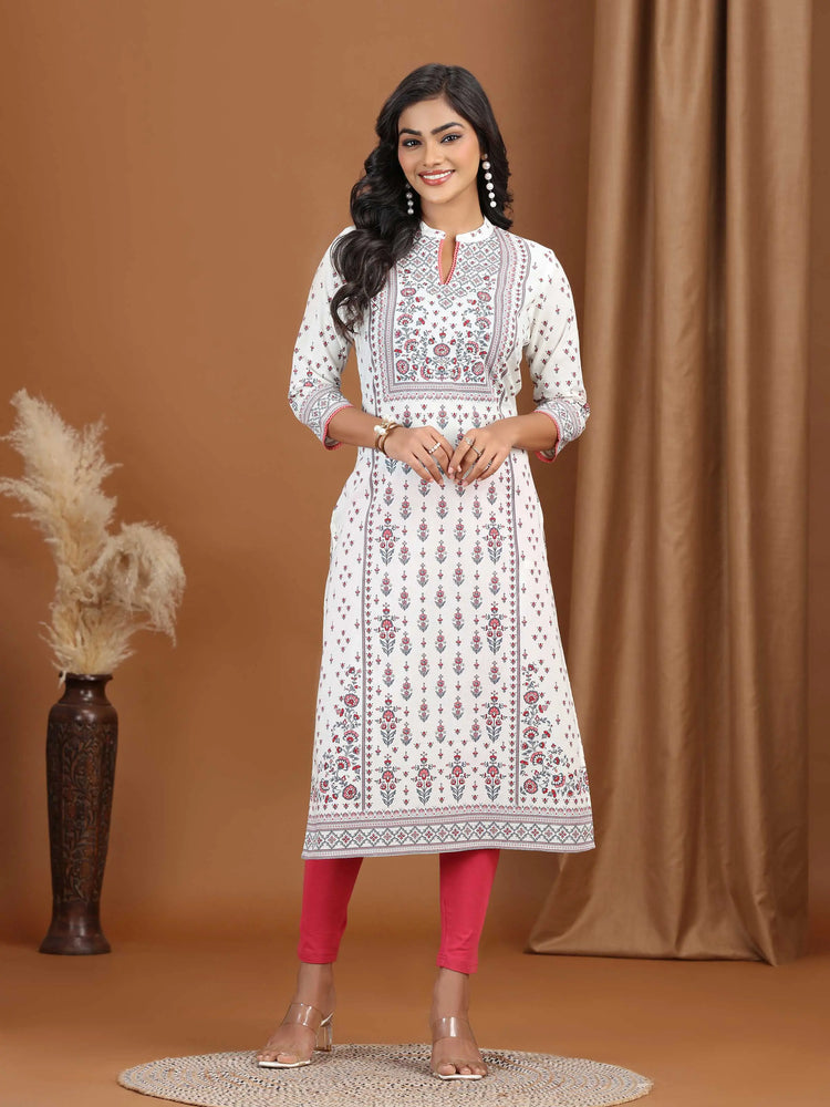 Cream Floral Printed Cotton Straight Kurta