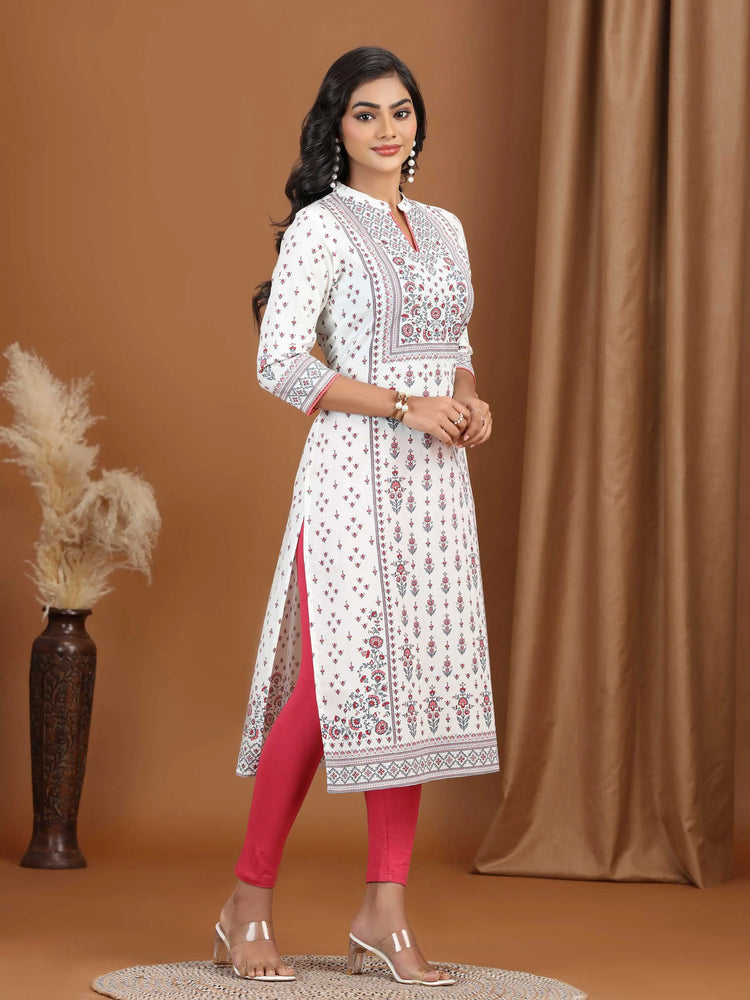 Cream Floral Printed Cotton Straight Kurta
