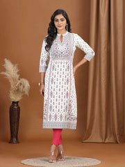 Cream Floral Printed Cotton Straight Kurta