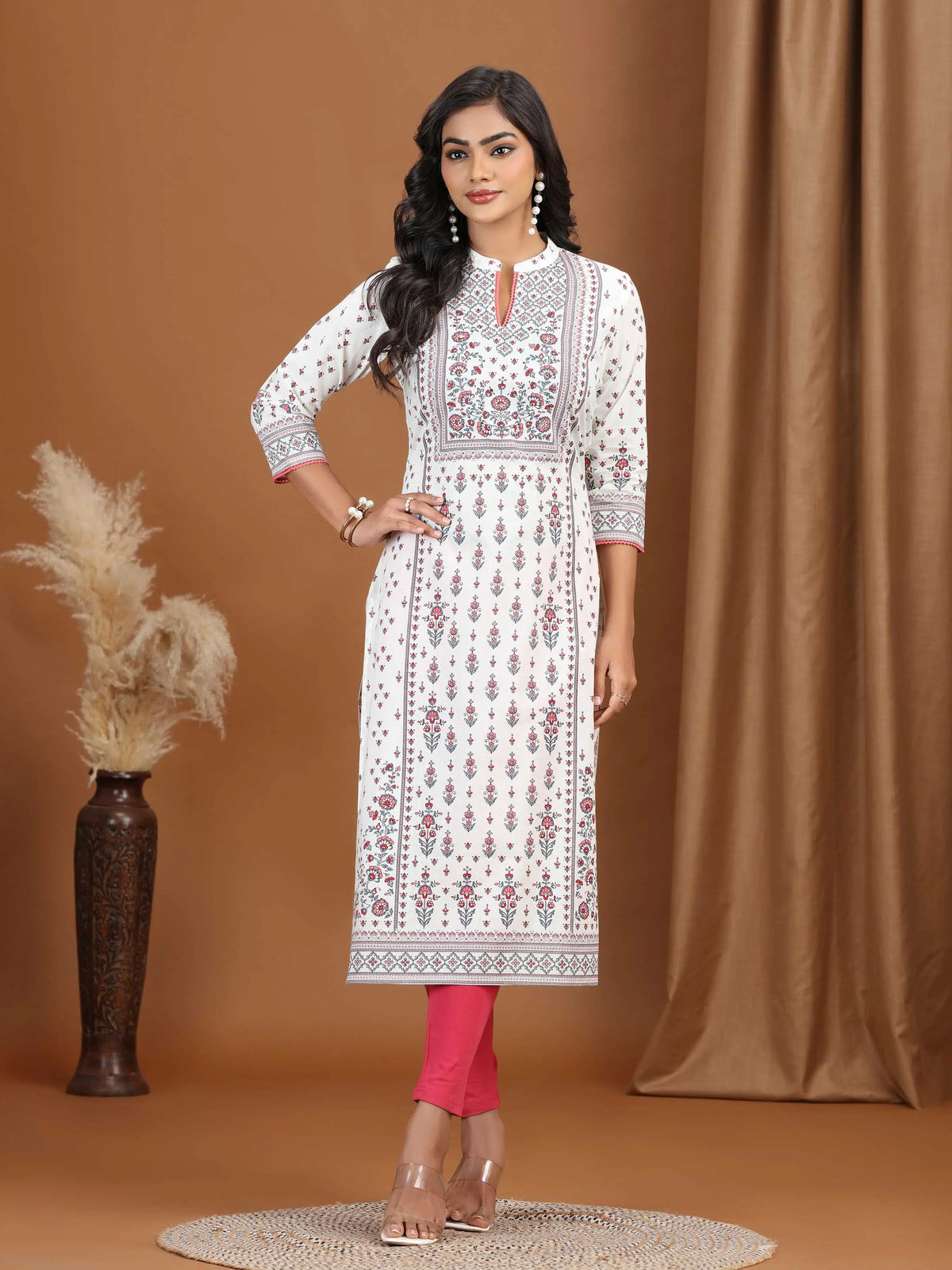 Cream Floral Printed Cotton Straight Kurta