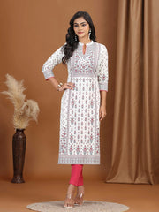 Cream Floral Printed Cotton Straight Kurta