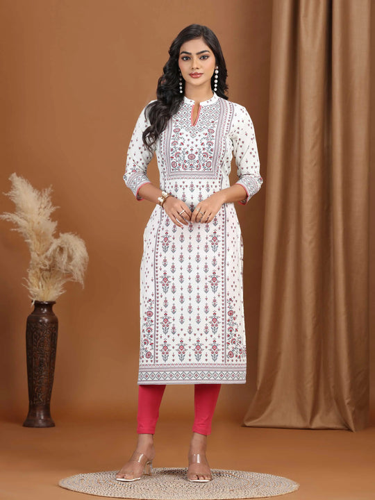Cream Floral Printed Cotton Straight Kurta