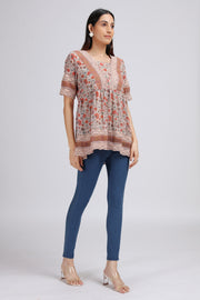 Cream Georgette Printed Gathered Tunic