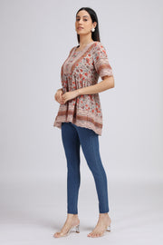 Cream Georgette Printed Gathered Tunic