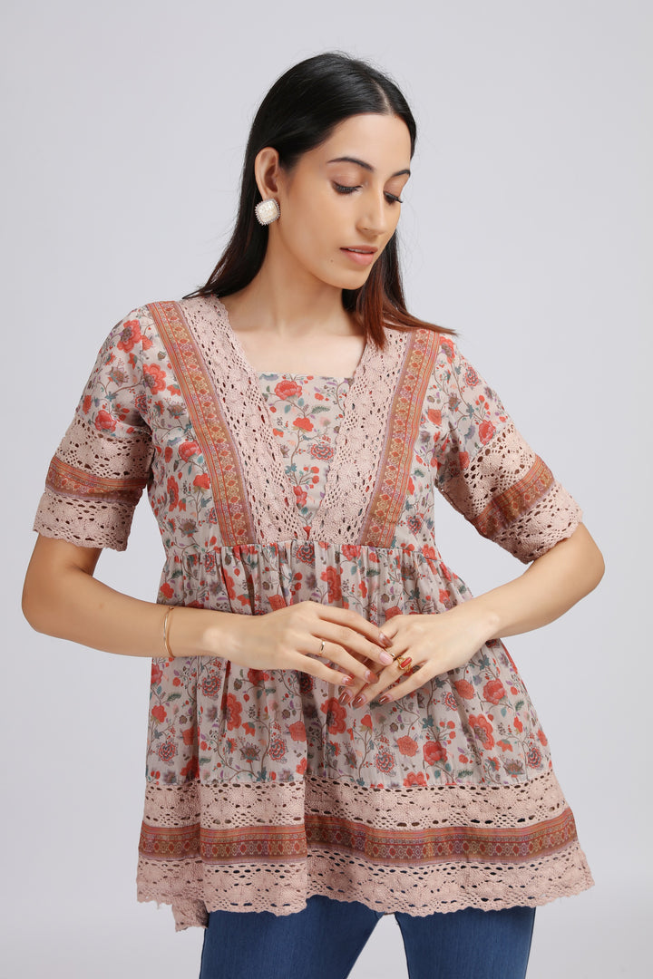 Cream Georgette Printed Gathered Tunic