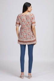 Cream Georgette Printed Gathered Tunic