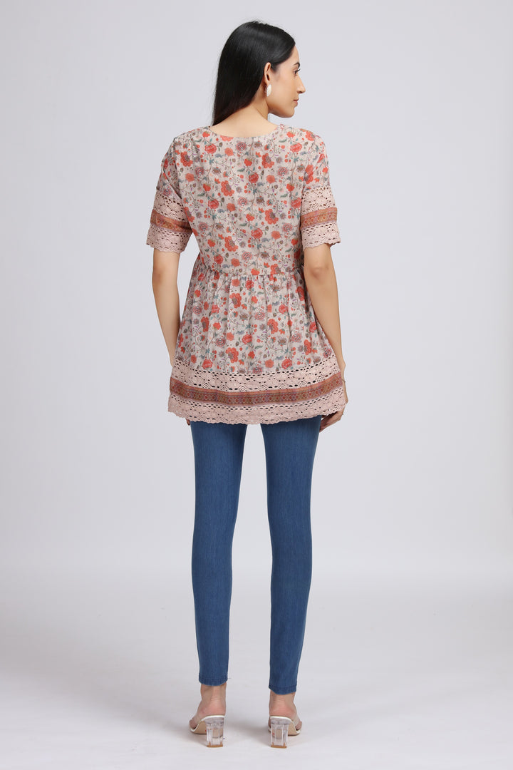 Cream Georgette Printed Gathered Tunic