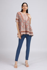 Cream Georgette Printed Gathered Tunic