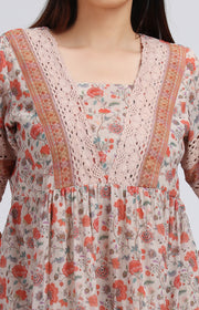 Cream Georgette Printed Gathered Tunic