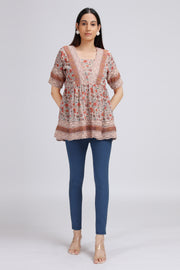 Cream Georgette Printed Gathered Tunic