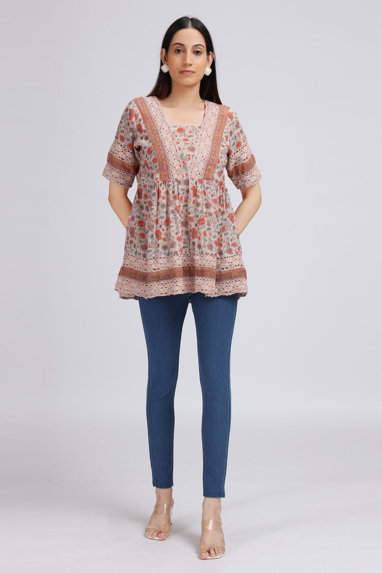 Cream Georgette Printed Gathered Tunic