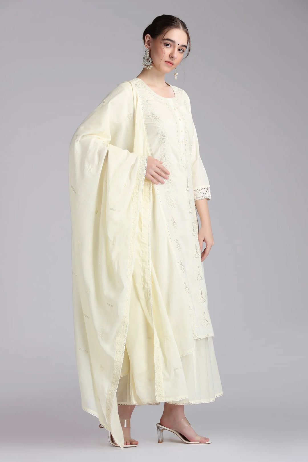 Cream Mulmul Embroidered Straight Kurta