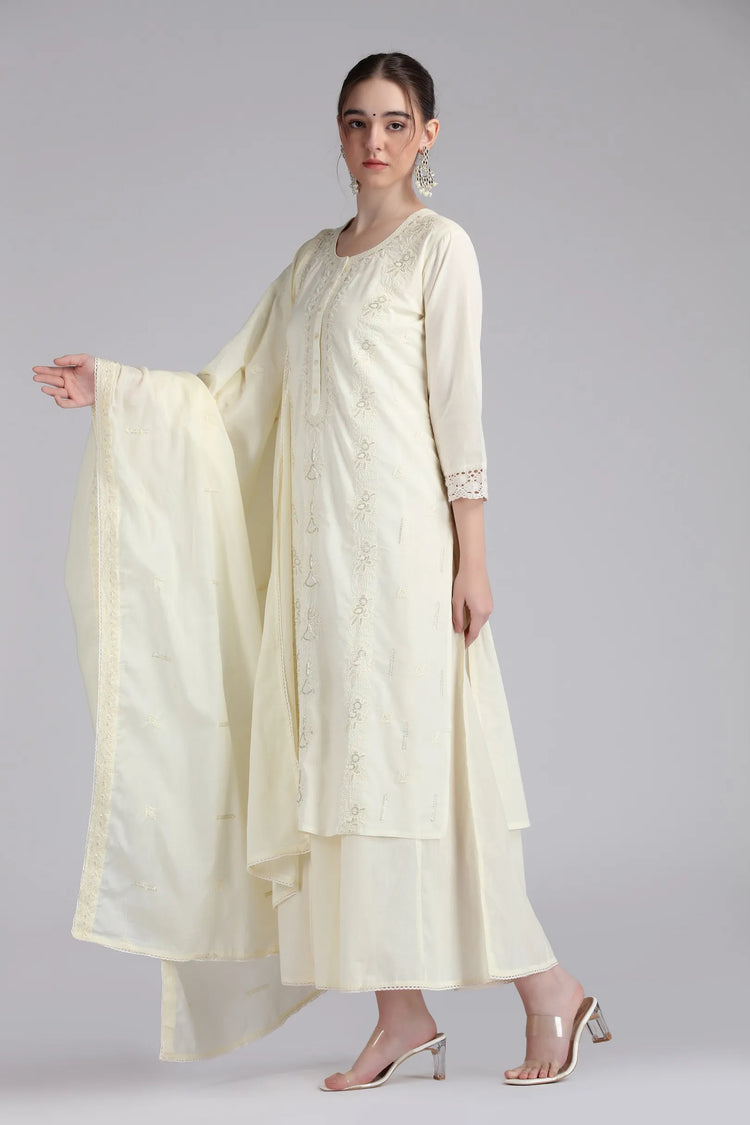 Cream Mulmul Embroidered Straight Kurta