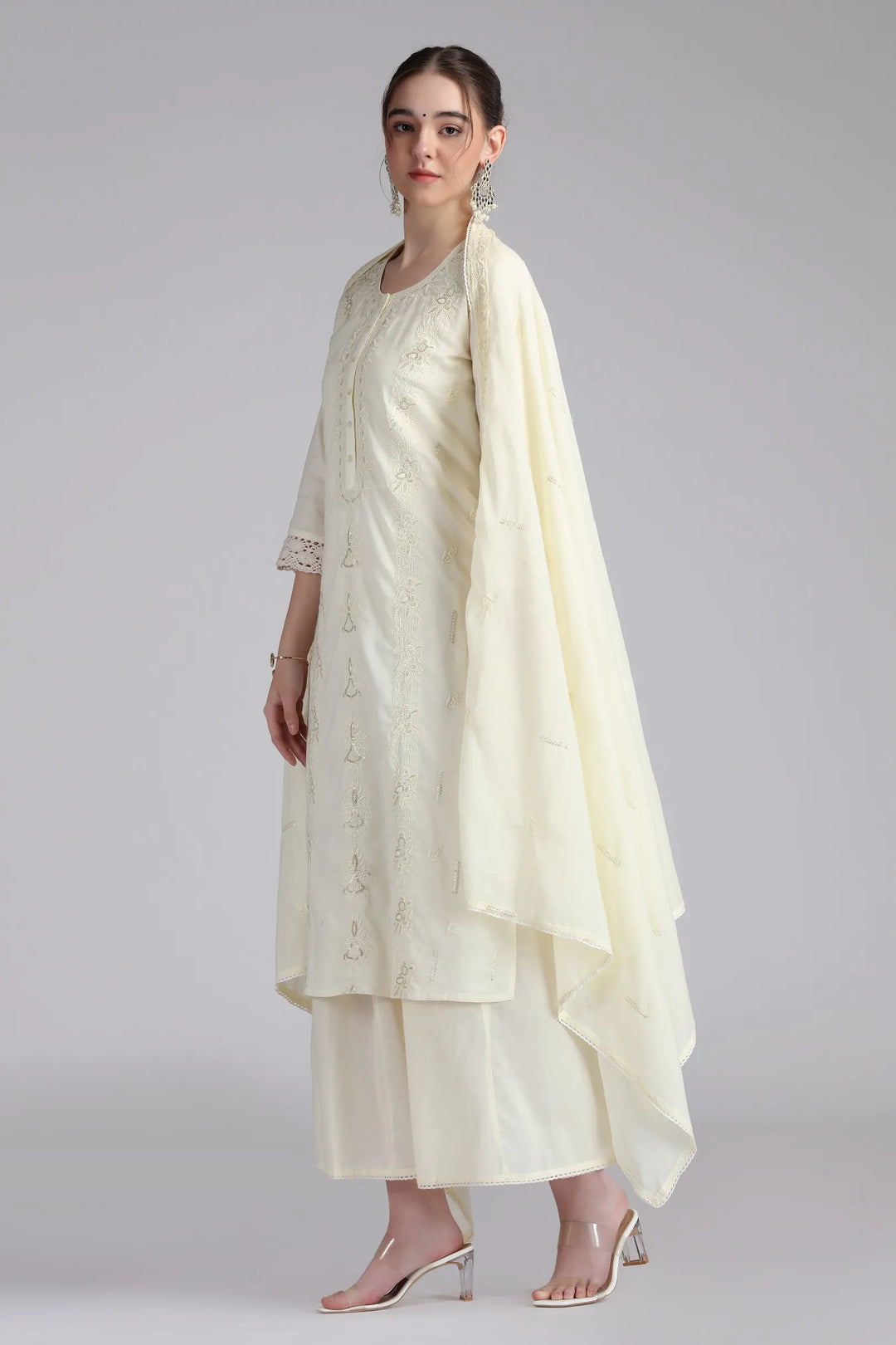 Cream Mulmul Embroidered Straight Kurta