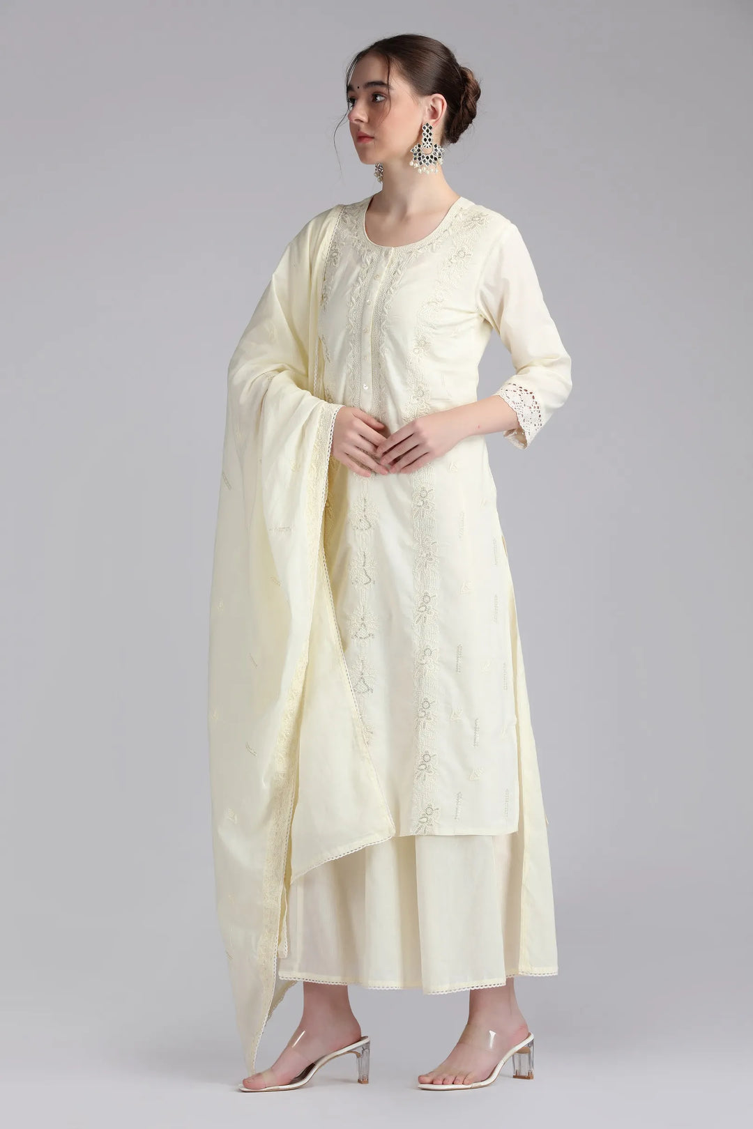 Cream Mulmul Embroidered Straight Kurta
