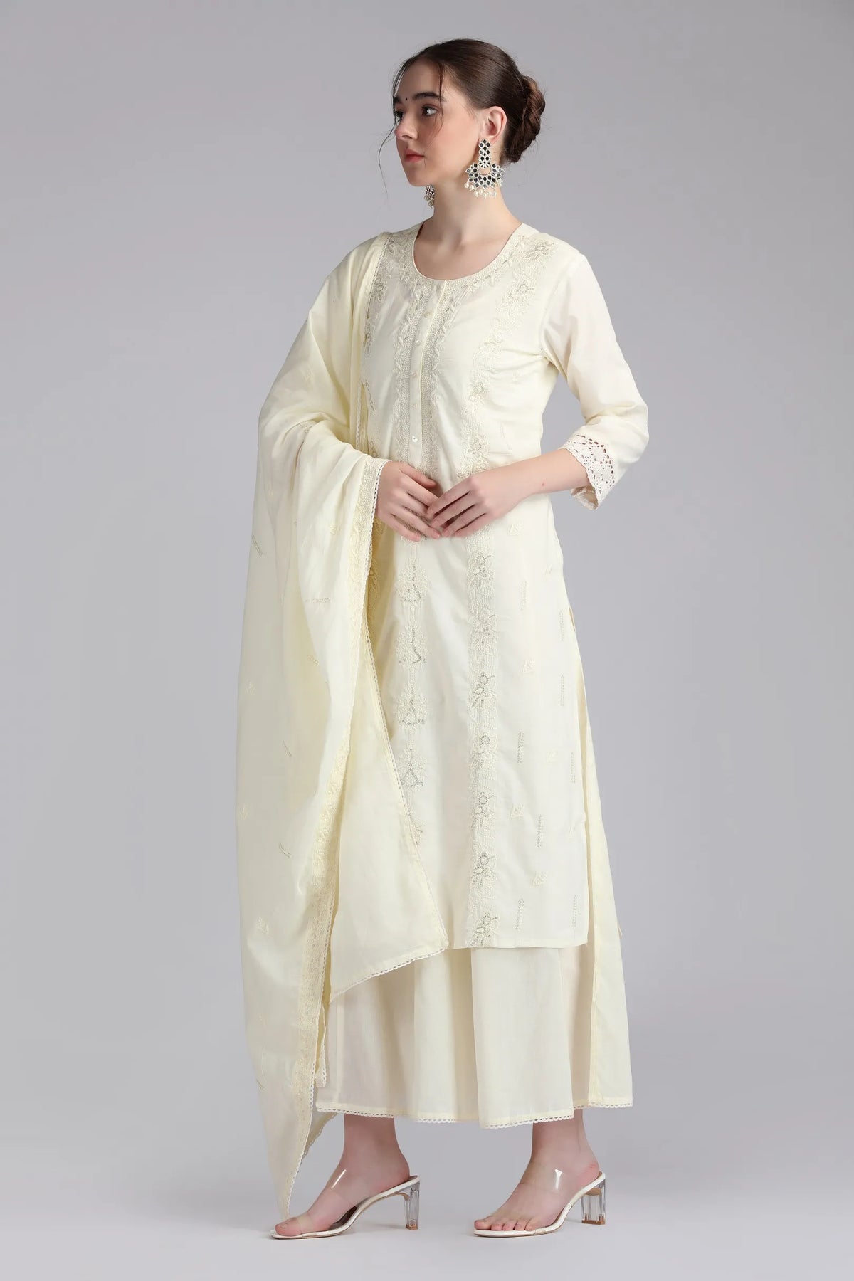 Cream Mulmul Embroidered Straight Kurta