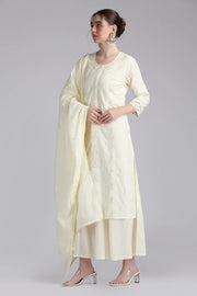Cream Mulmul Embroidered Straight Kurta