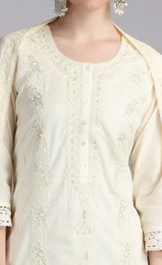 Cream Mulmul Embroidered Straight Kurta