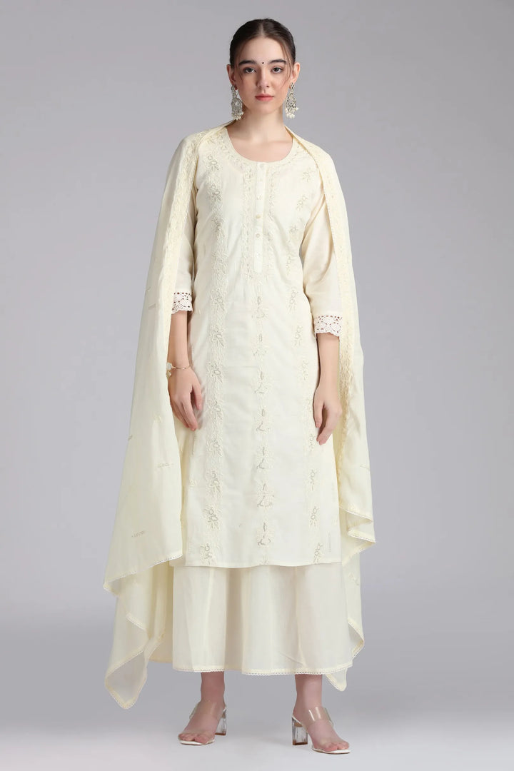 Cream Mulmul Embroidered Straight Kurta