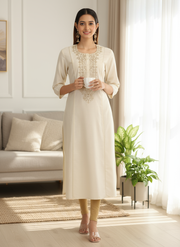 Off White PolySilk Embroidered A Line Kurta