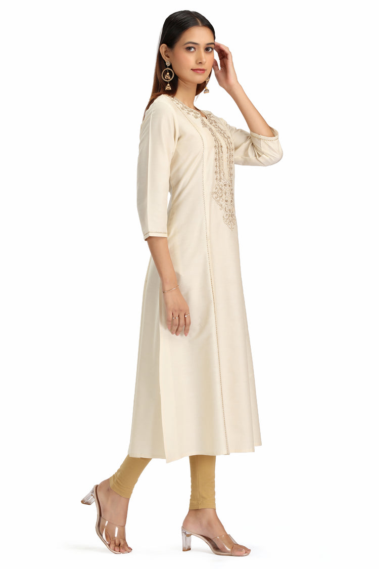 Off White PolySilk Embroidered A Line Kurta