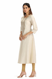 Off White PolySilk Embroidered A Line Kurta