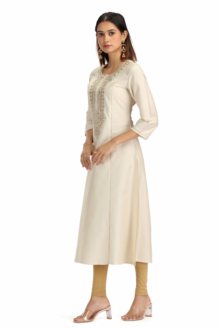 Off White PolySilk Embroidered A Line Kurta