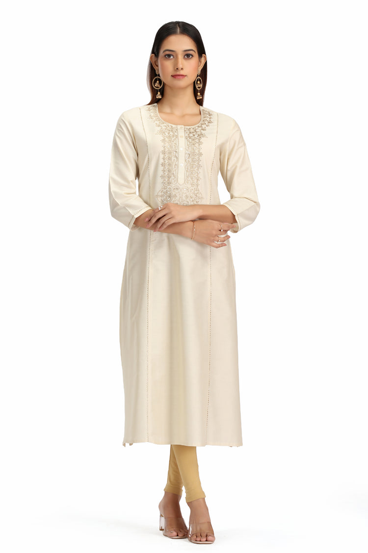 Off White PolySilk Embroidered A Line Kurta